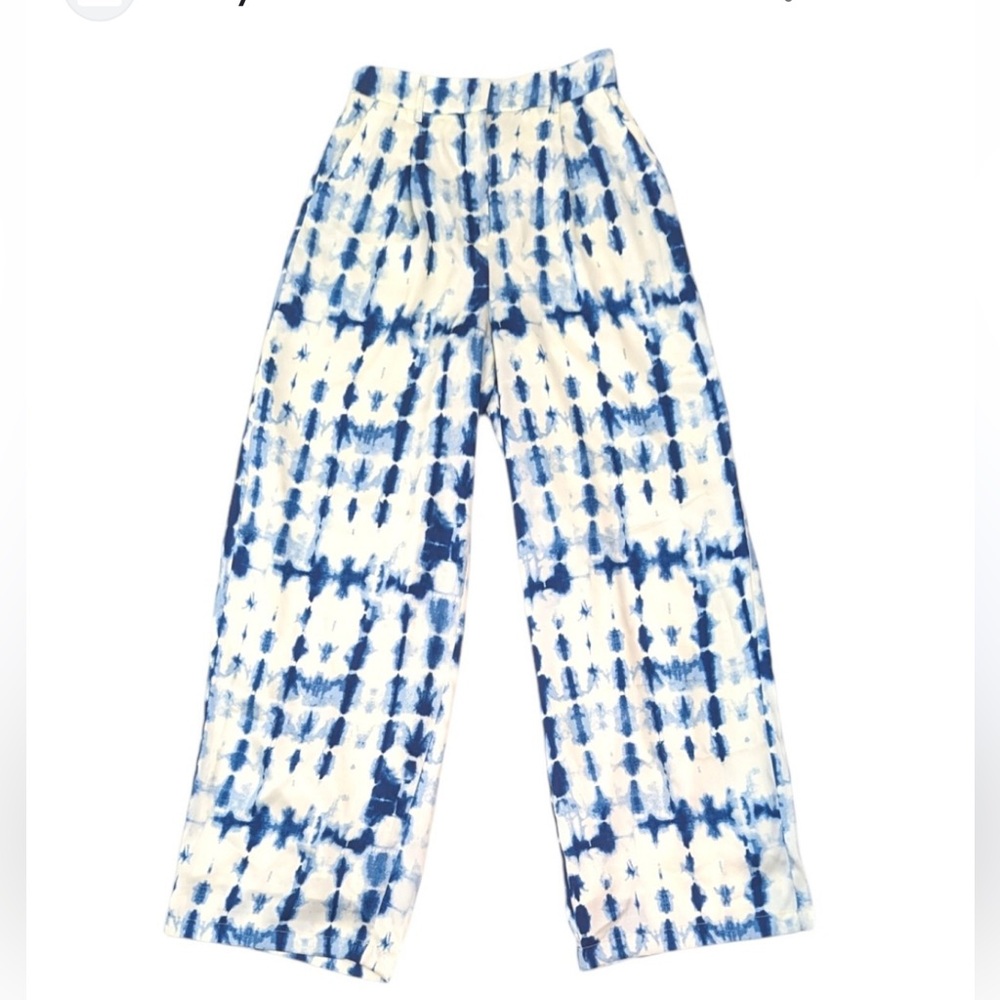 House of Harlow Tie Dye Wide Leg Satin Pants Womens S Blue White